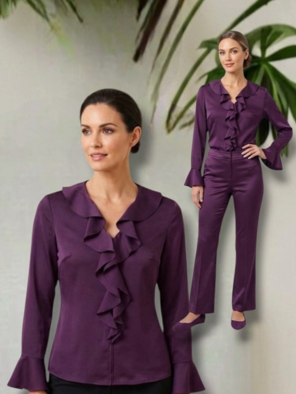 Kasper Women's Plum Purple Ruffle Collar Victorian Style Blouse